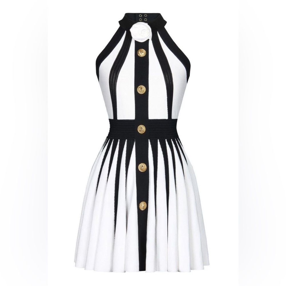 654. Halter Knit Gold Button Detail Flare Mini Dress - Picture 4 of 5